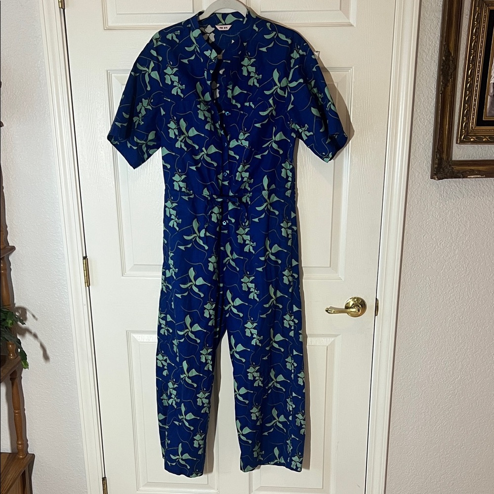 The Kit Colorful Cobalt Blue Abstract Green Floral Pattern Jumpsuit, Sz M/L‎